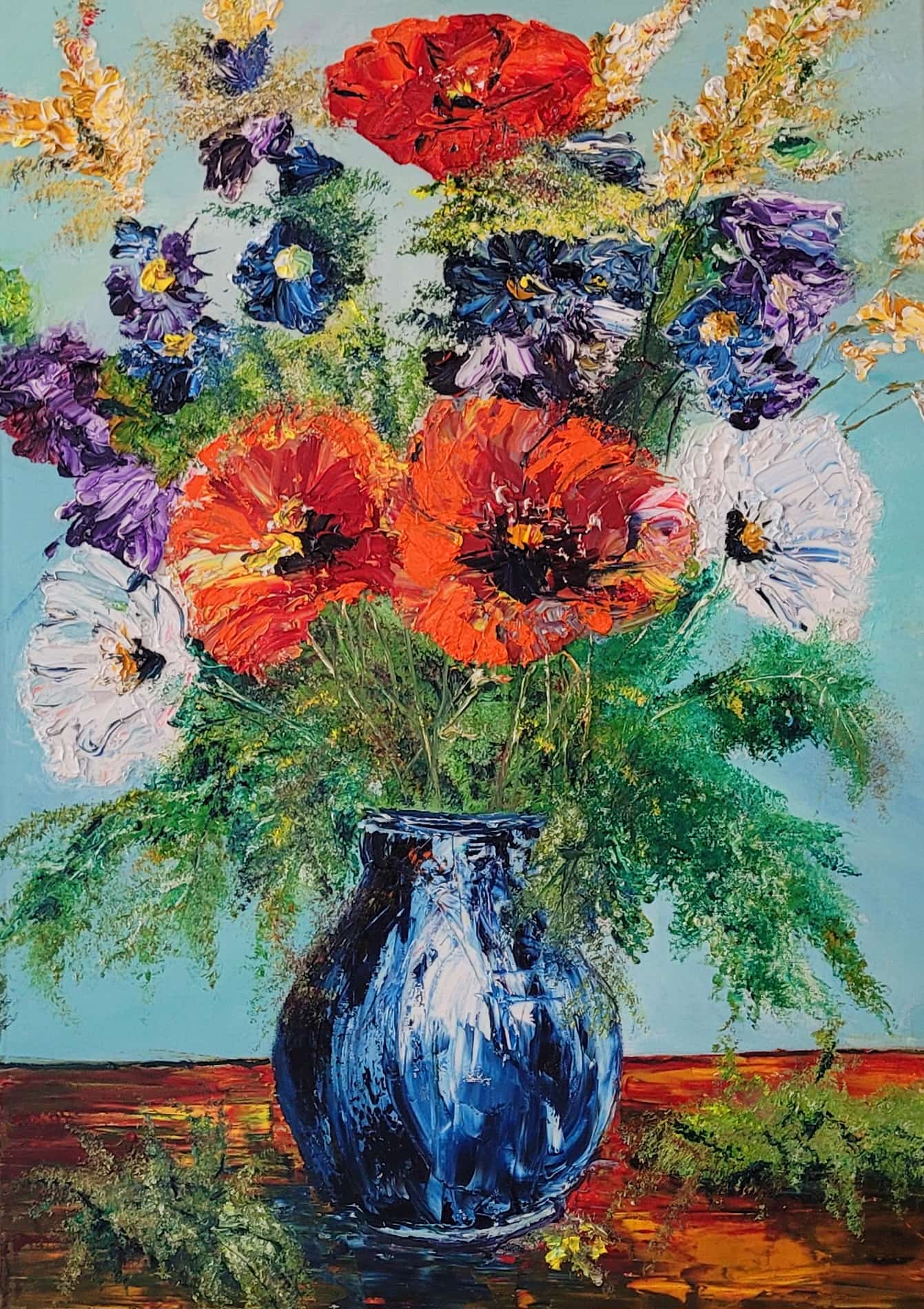 Feldblumenstrauß von Ziereisen Kunst - Ölgemälde mit roten und weißen Mohnblumen
