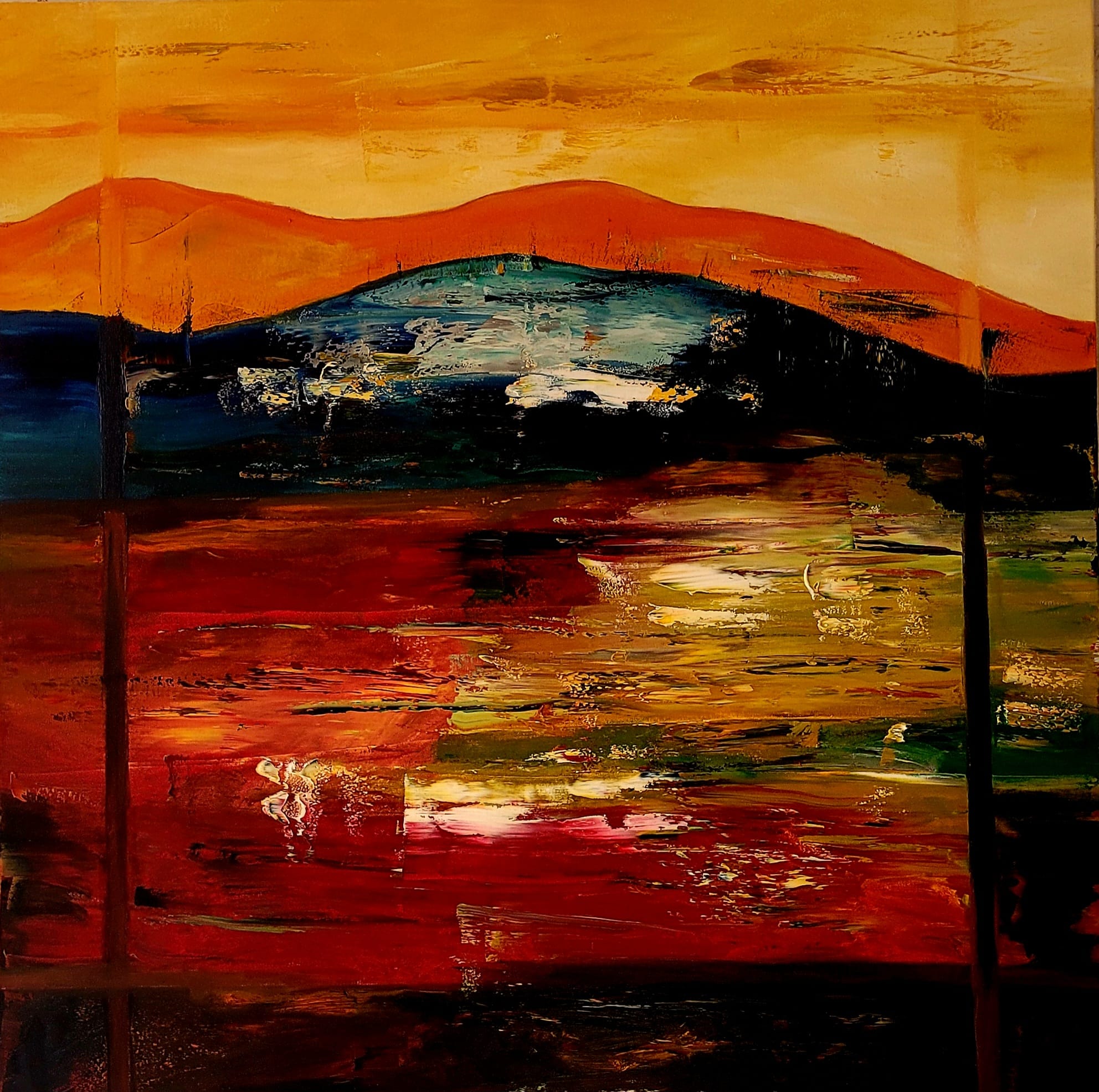 Sommerausklang von Ziereisen Kunst - abstraktes Ölgemälde einer Landschaft mit Bergen und Sonnenuntergang