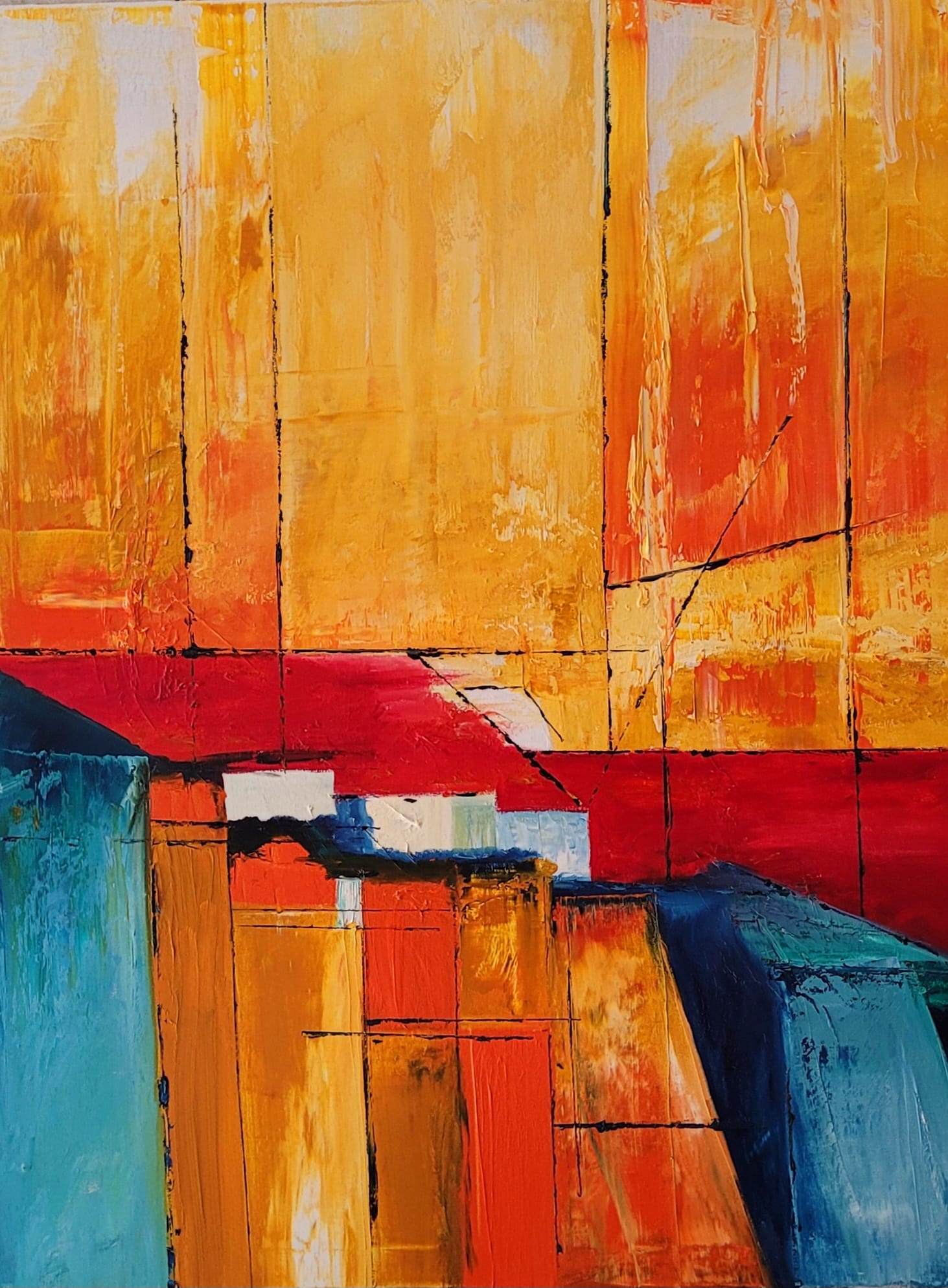 Über den Dächern von Ziereisen Kunst - abstraktes Ölgemälde in Gelb, Orange, Rot und Blau